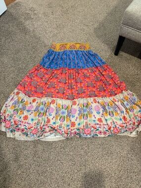 NATURAL LIFE Multicolor Floral Tiered Maxi Skirt in Blue, Coral & Cream